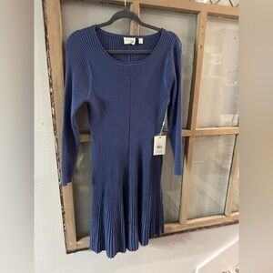 Elegant Blueish purplish lightweight Sweater Dress- pleated, a-line,V flattering